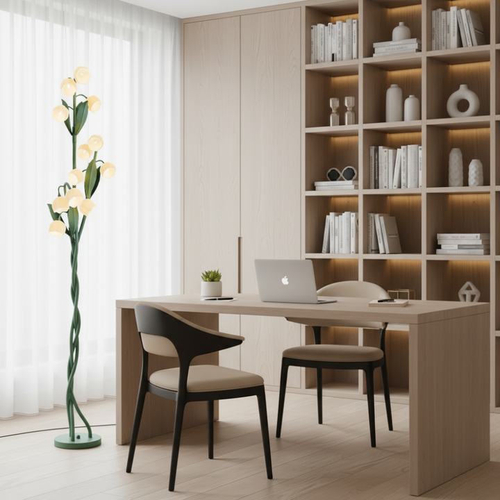 Iluminación LED floral para salón. Lámpara de pie elegante que crea un ambiente natural y sofisticado.