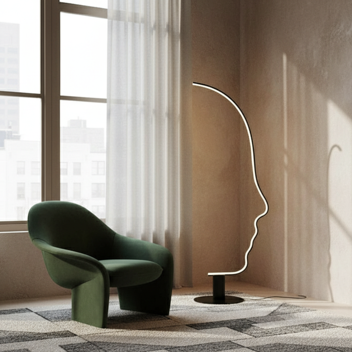 Lámpara de pie vanguardista, diseño de cara humana. Acento moderno y luz ambiental para salón o dormitorio.