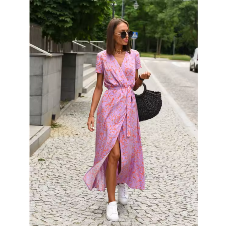 Vestido estampado cruzado VALERÍA, fluido y elegante para mujer. Moda femenina chic con manga larga y cuello V.