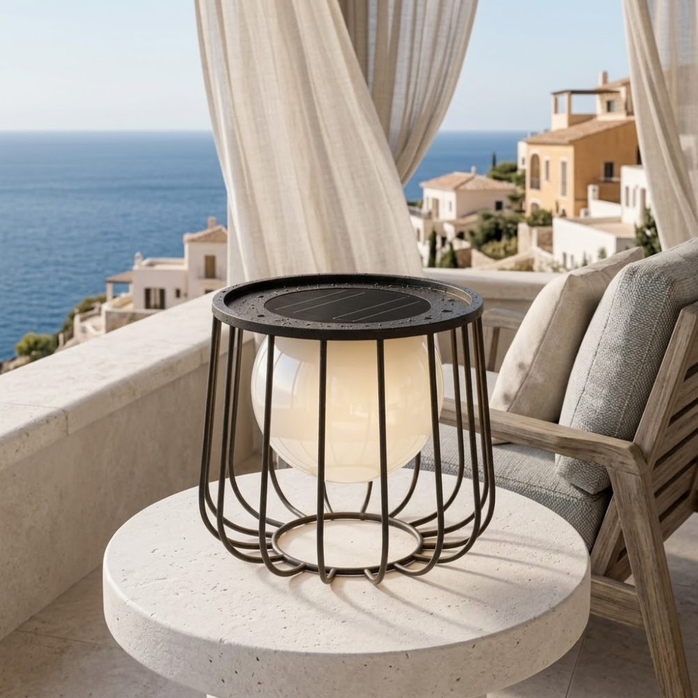 Luz solar IP65, impermeable y regulable, para balcón, jardín y terraza moderna.