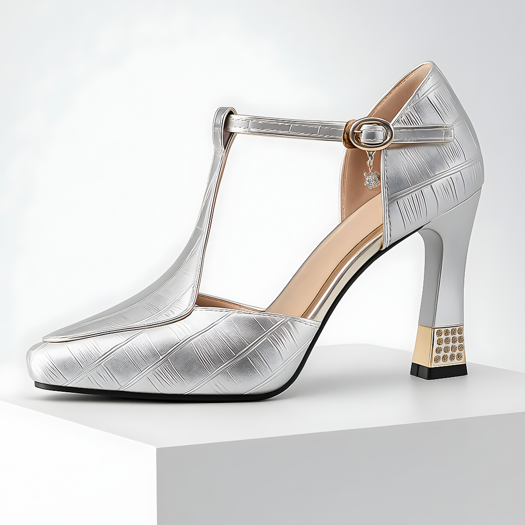 Tacones de mujer con diseño de tira en T y tacón bloque, calzado formal de moda y confortables.