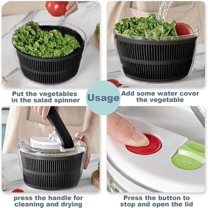 Centrifugador de ensalada blanco con colador para preparar ensaladas frescas, un accesorio de cocina versátil.