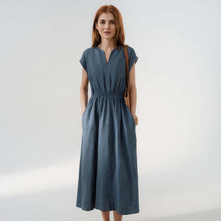 Vestido midi fluido de lino azul marroquí para mujer, elegante y transpirable, ideal para el verano.