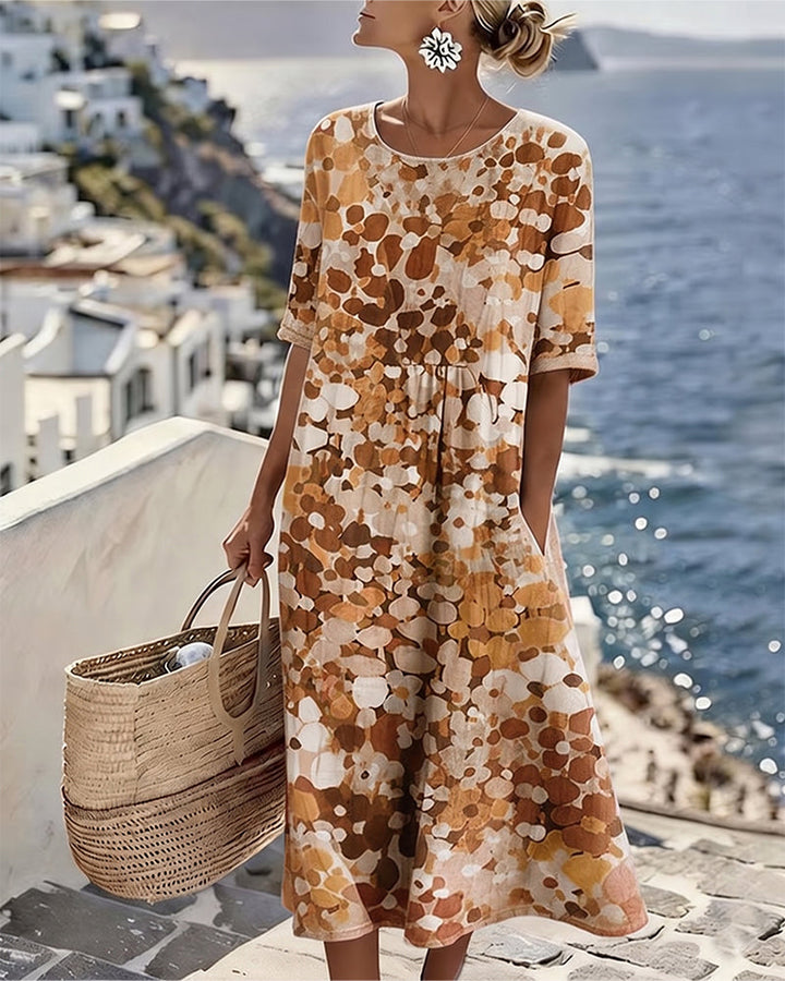Vestido midi floral con manga corta, estilo A-line, look casual de verano para mujer.