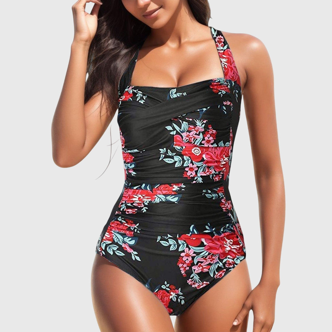 Bañador una pieza mujer con estampado tropical, diseño fruncido halter y efecto moldeador.