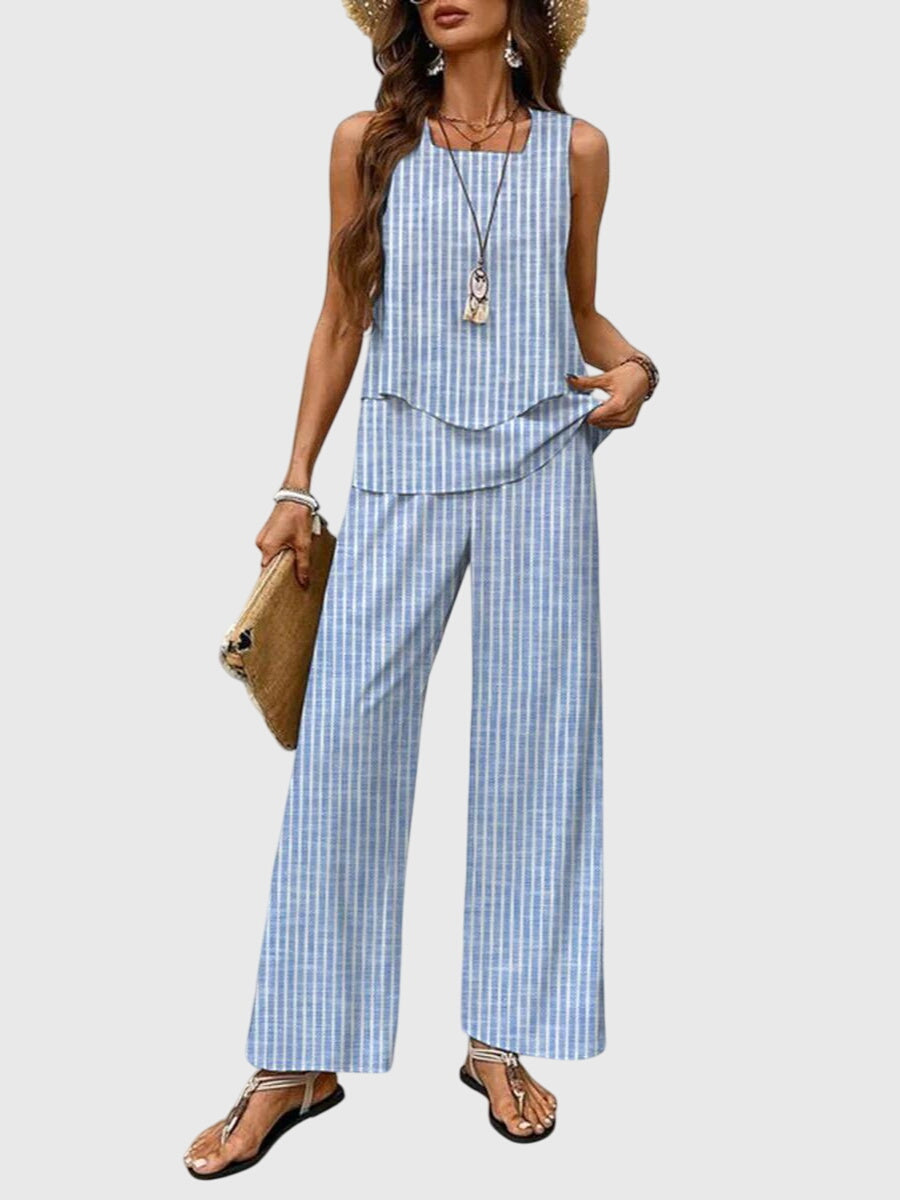 Conjunto veraniego elegante y natural para mujer. Ropa fresca de dos piezas con estampado floral y cuello cuadrado.