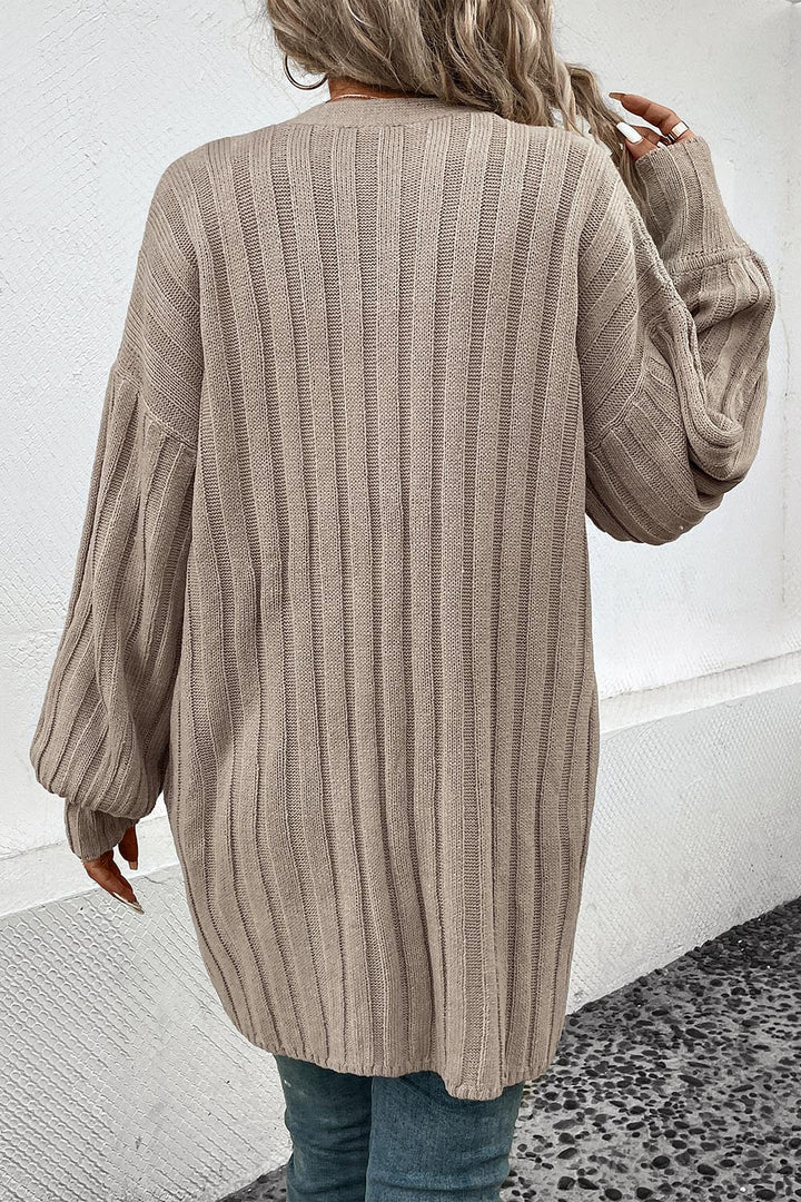 Chaqueta cárdigan de punto caqui casual para mujer, diseño abierto con bolsillos, ideal para otoño.