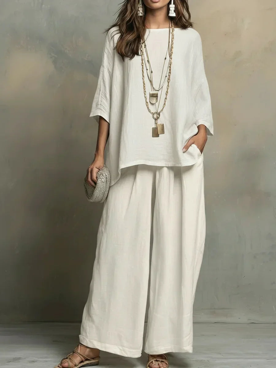Conjunto de dos piezas elegante para mujer, suelto y fresco, ideal para verano y playa. Moda casual femenina.
