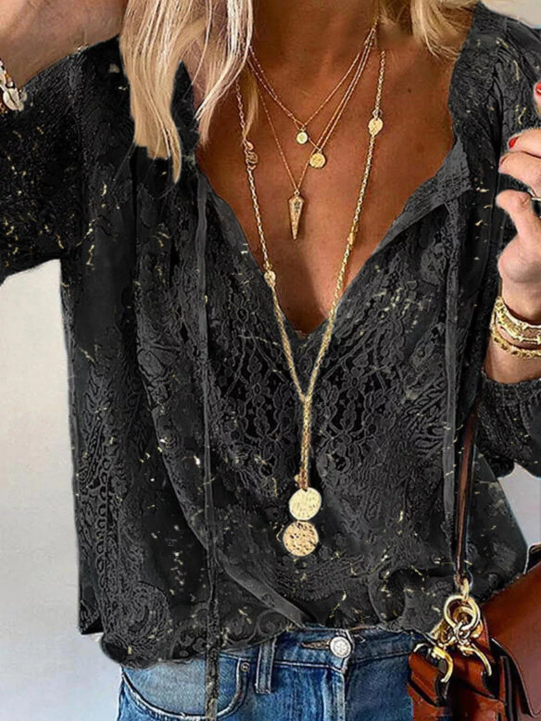 Top de encaje para mujer, color negro, con lazo. Blusa elegante y moderna, semitransparente.