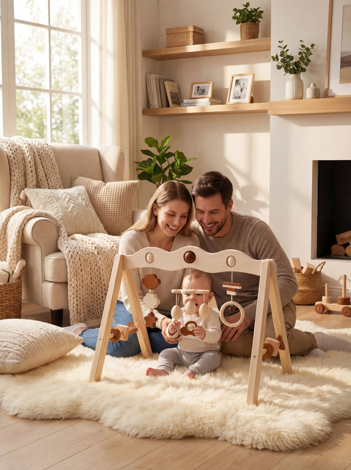 Gimnasio sensorial de madera para bebés, con juguetes colgantes. Desarrollo infantil seguro y divertido.