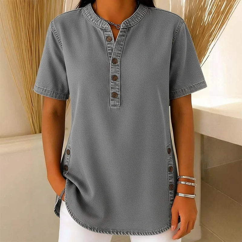 Túnica femenina y cómoda, con cuello V y botones, ideal para el día a día en primavera.