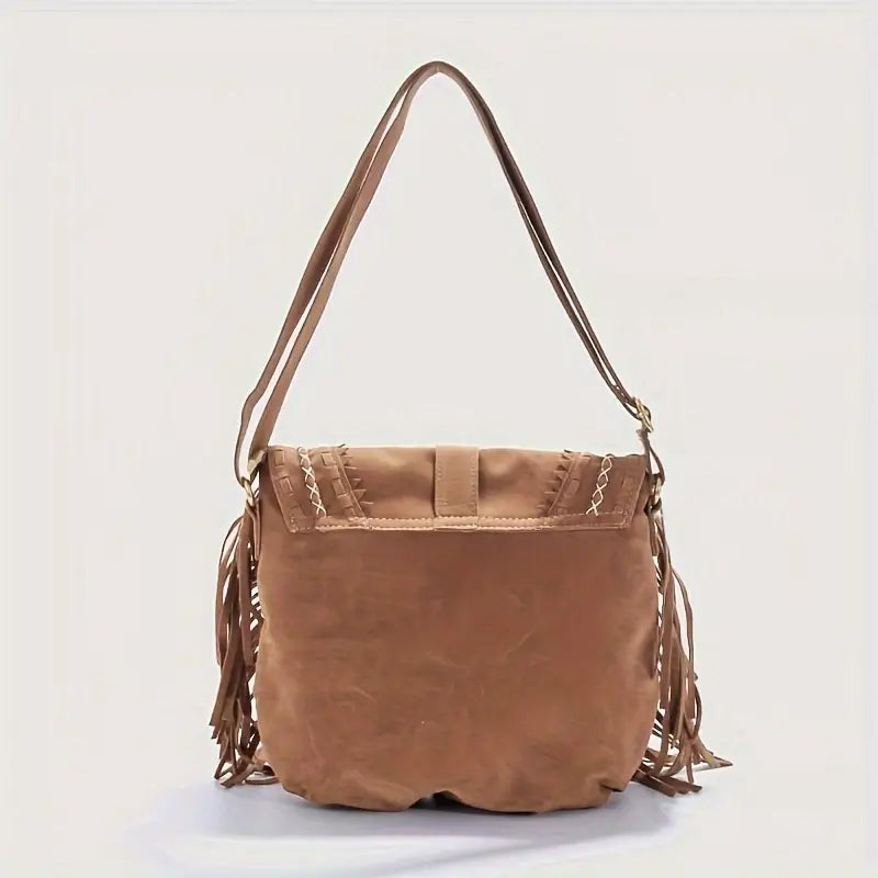Accesorio de moda: bolso de hombro de ante para mujer, estilo bohemio ideal para el día a día.