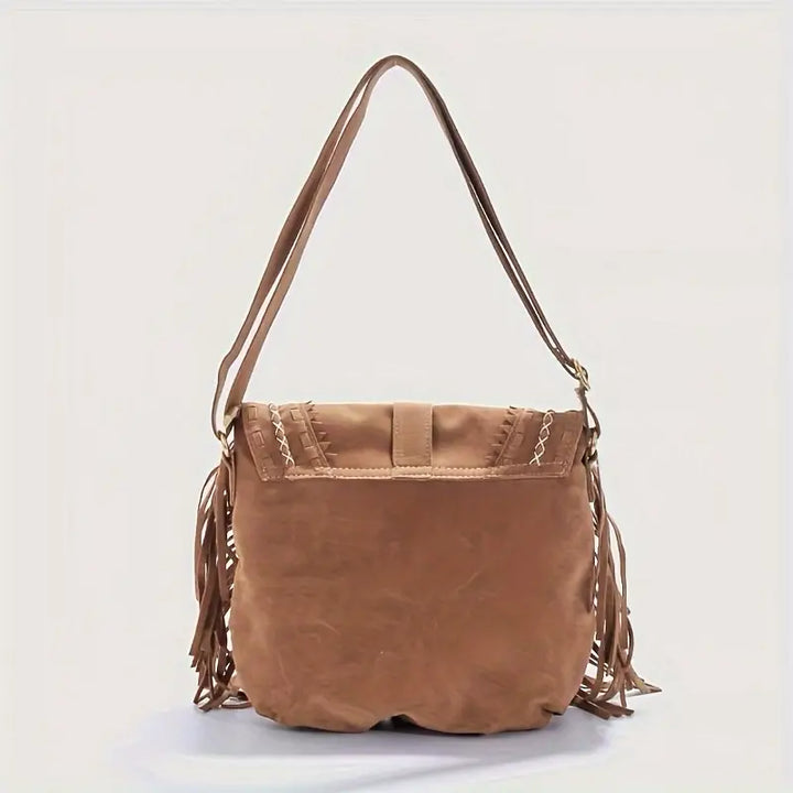 Accesorio de moda: bolso de hombro de ante para mujer, estilo bohemio ideal para el día a día.
