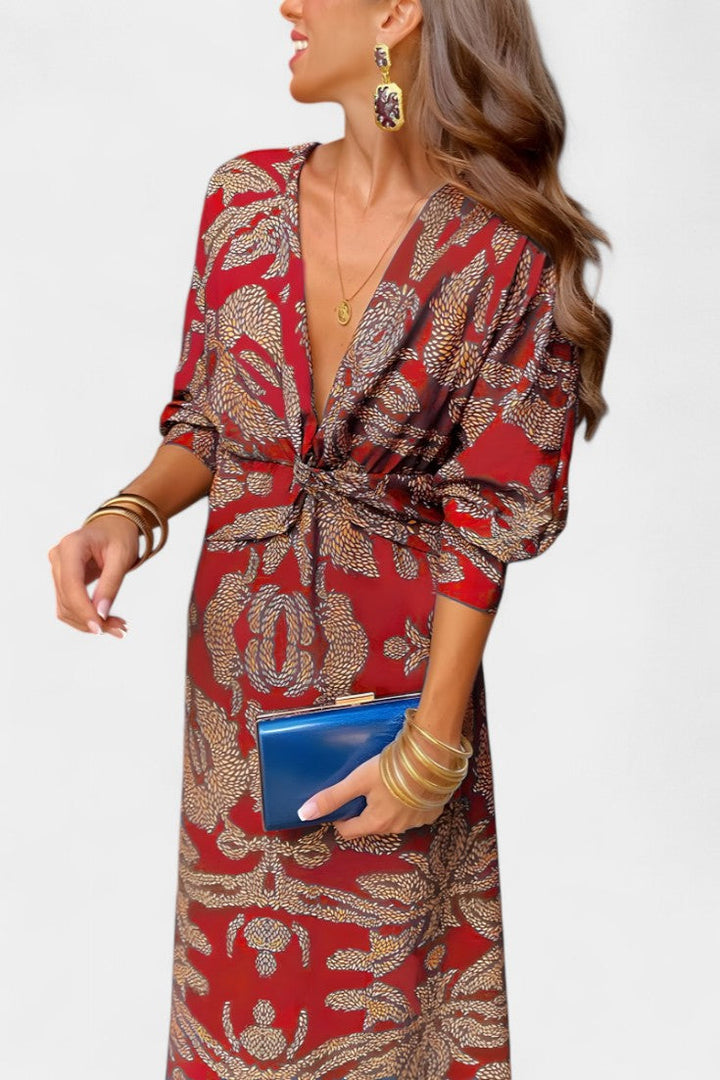 Vestido Elara maxi para mujer, diseño moderno, escote V y nudo. Ideal para eventos de primavera y verano.