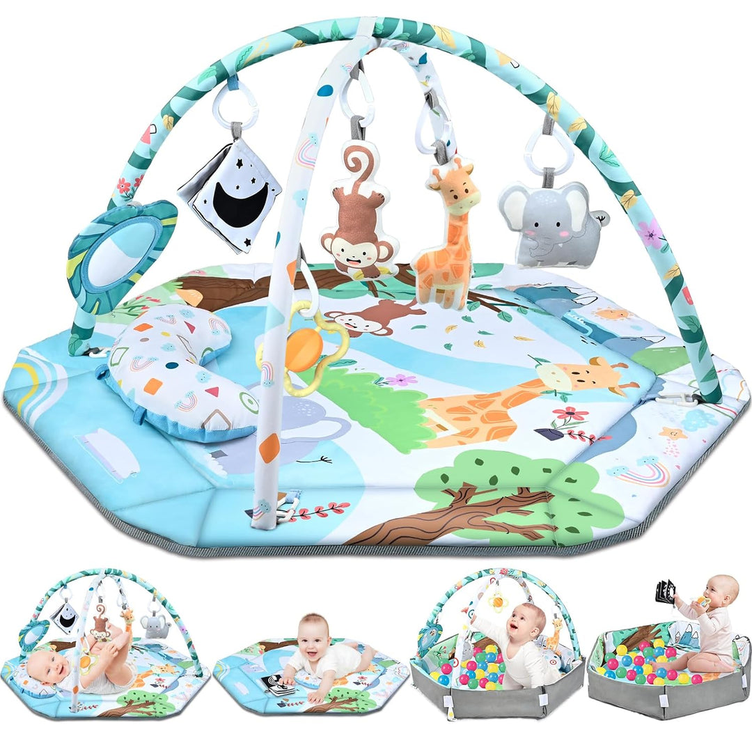 Bebé jugando en alfombra de actividades 8 en 1, estimulando desarrollo infantil con juguetes.
