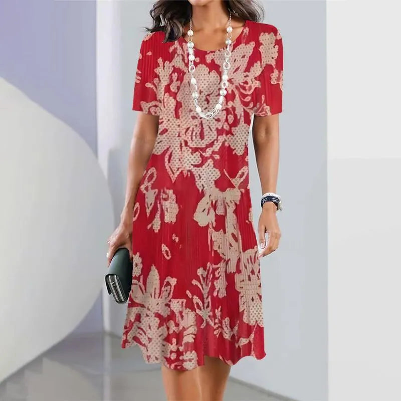 Vestido midi para mujer, estampado vibrante y corte A. Mangas cortas, look fresco y moderno.