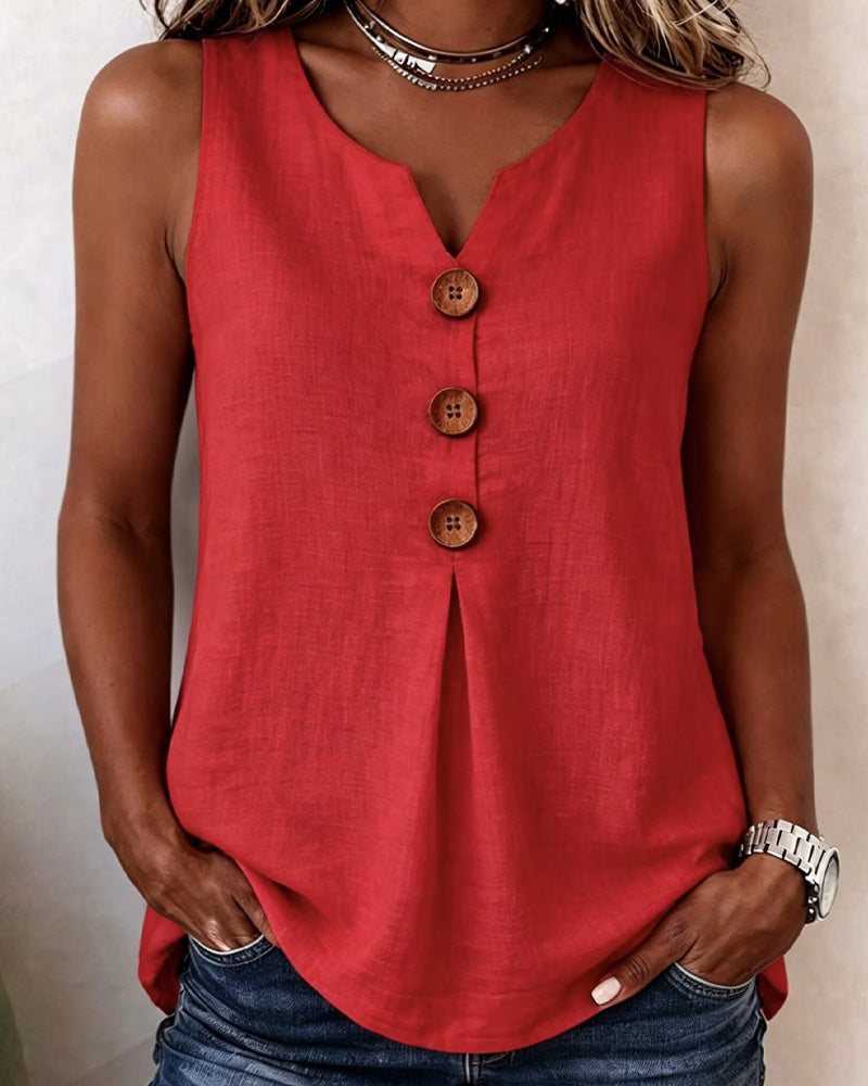 Top sin mangas casual de mujer con botones, estilo moderno y fresco para atuendos diarios de verano.