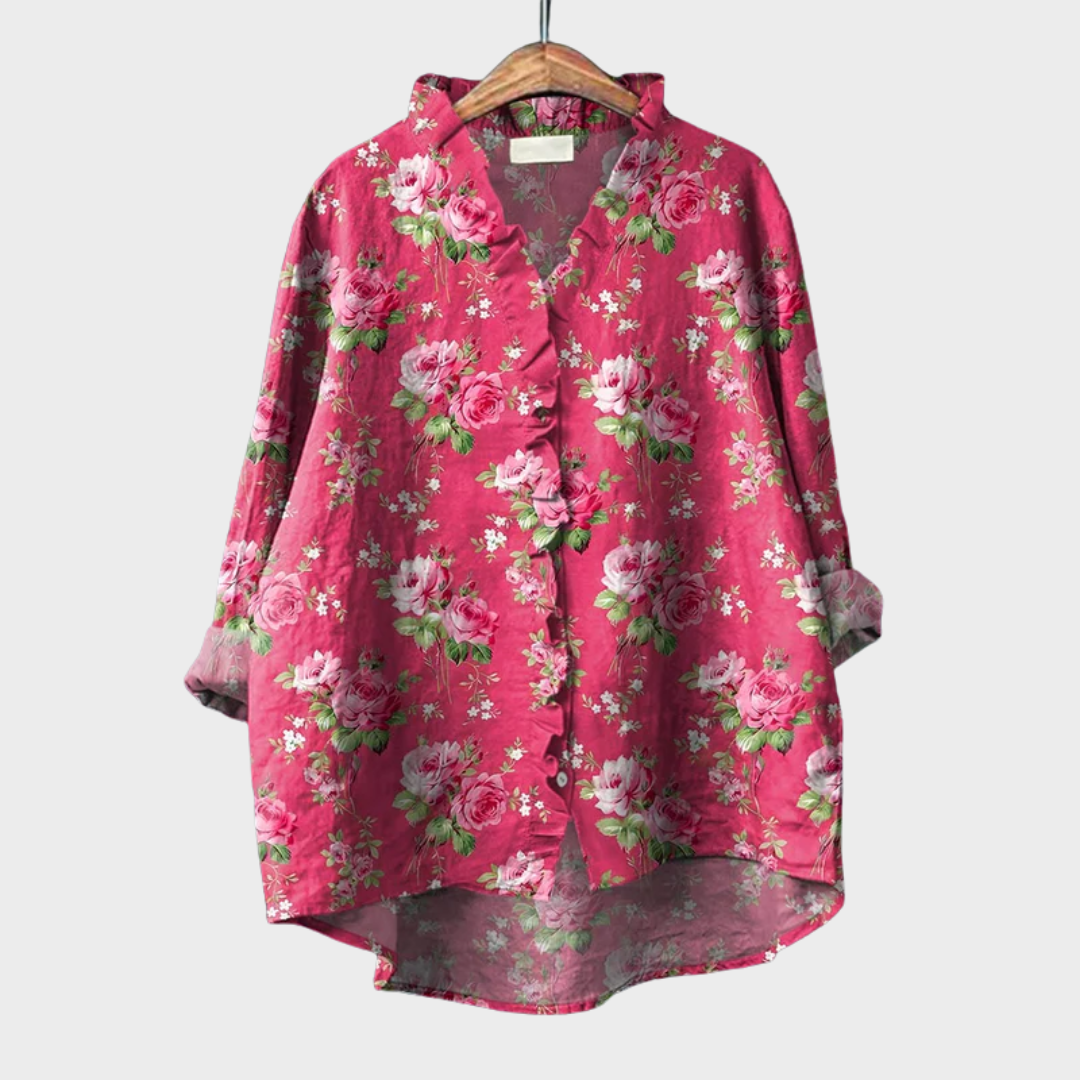 Blusa rosa elegante y estampada de verano para mujer, con mangas largas, ligera y transpirable.