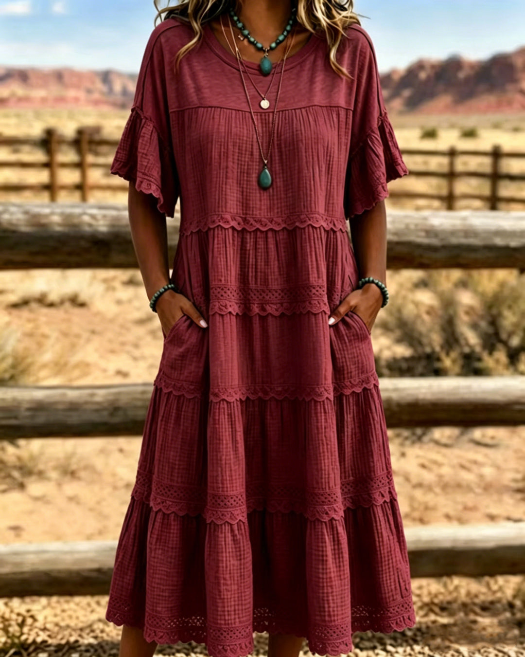 Vestido midi fresco de algodón y lino para mujer, con volantes y estilo veraniego.