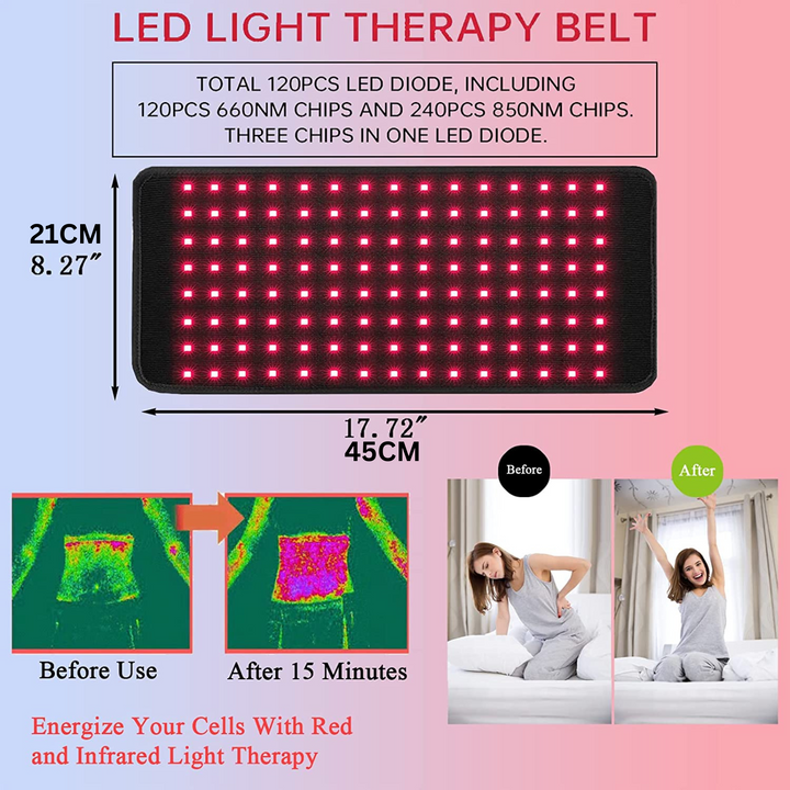 Cinturón de terapia de luz infrarroja adaptable para espalda, abdomen y articulaciones. Unisex, diseño ergonómico.