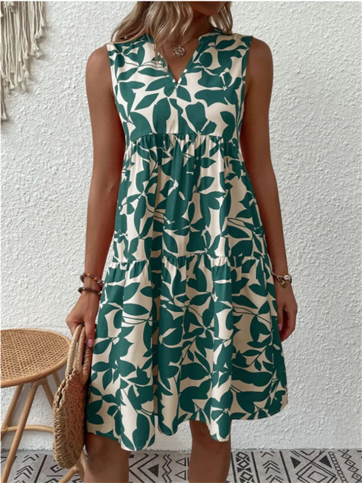 Vestido casual floral de algodón para mujer, línea A con escote V. Perfecto para moda de verano y eventos.