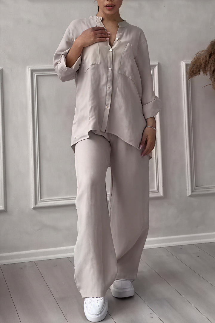 Moda verano 2024: conjunto casual Ava para mujer. Camisa de botones y pantalones de pierna ancha. Estilo casual chic.