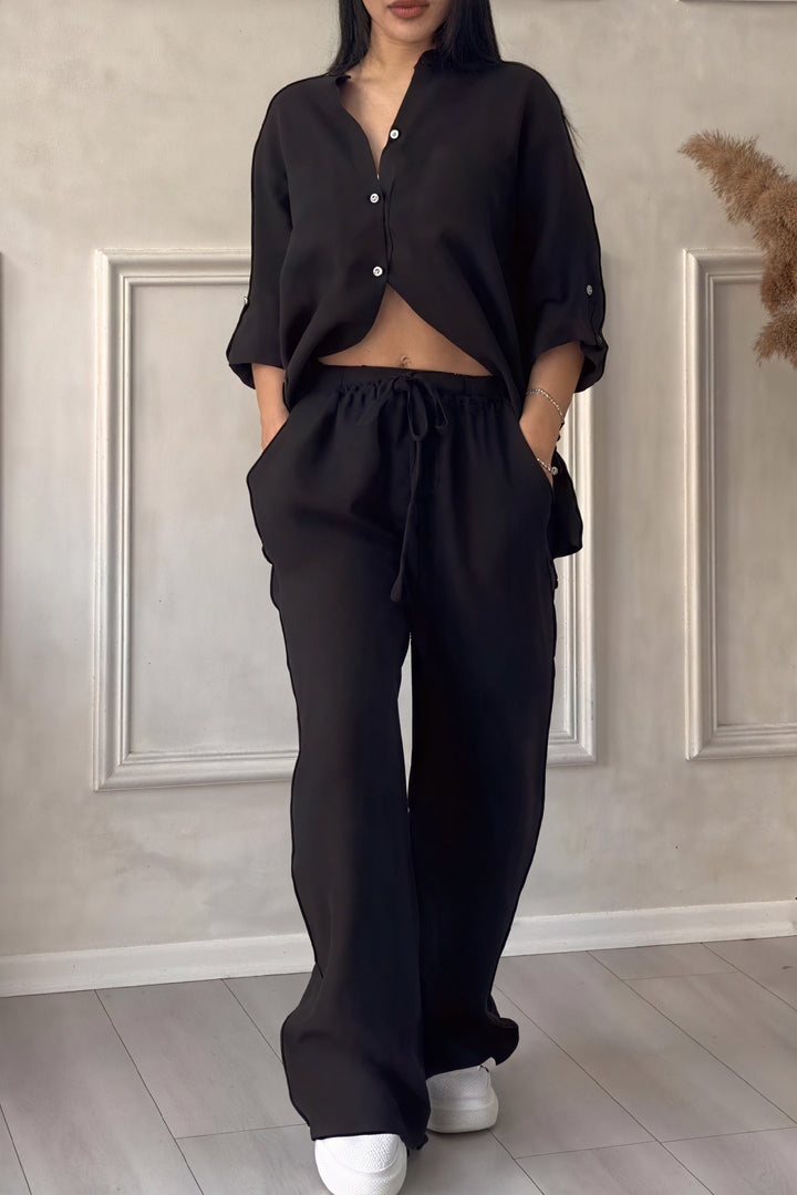 Conjunto casual chic Ava para mujer. Camisa de botones y pantalones anchos. Ropa cómoda de verano para viajar.