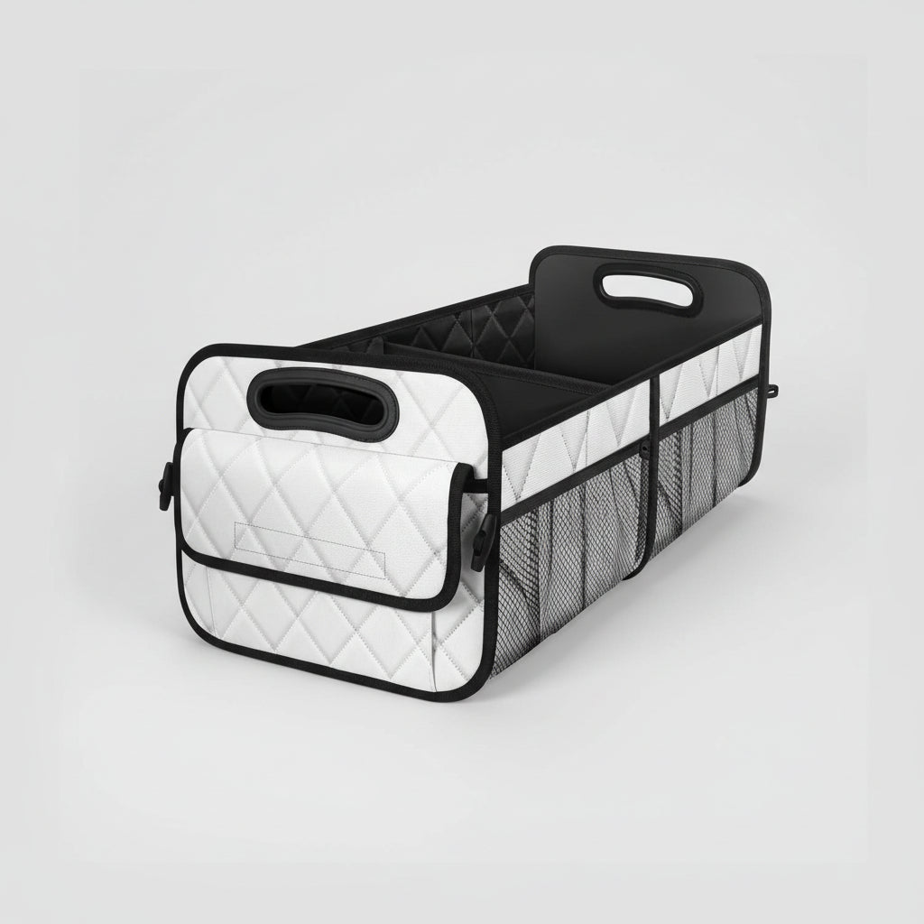 Solución de almacenamiento plegable e impermeable para maletero de coche, mantiene el orden y accesorios seguros.