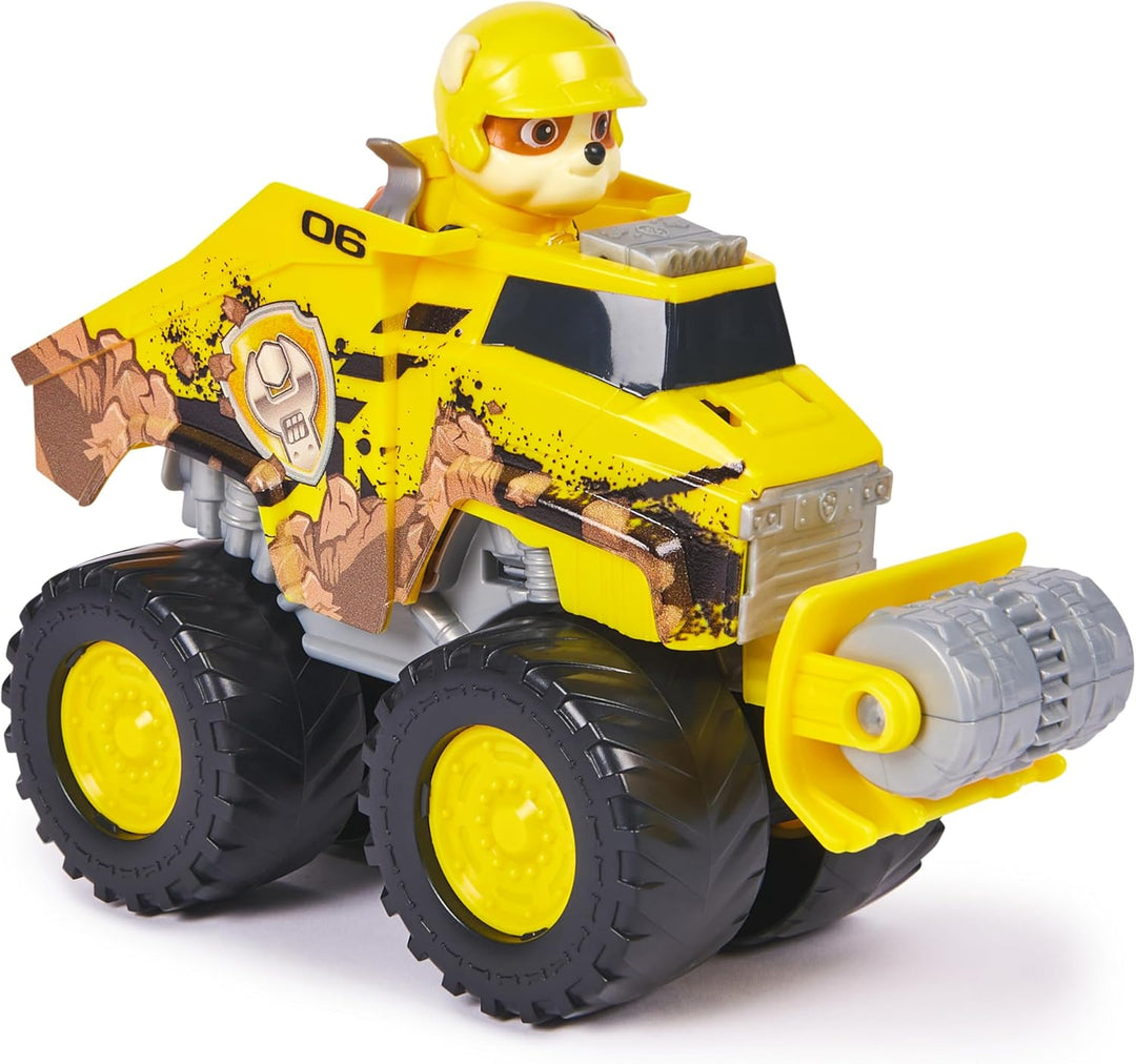 Niños juegan con el bulldozer de rescate de Rubble, Patrulla Canina. Fomenta el juego imaginativo y acción.