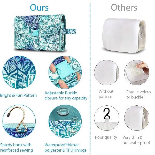 Organizador de maquillaje colgante para un neceser de viaje eficiente, esencial para la mujer moderna.