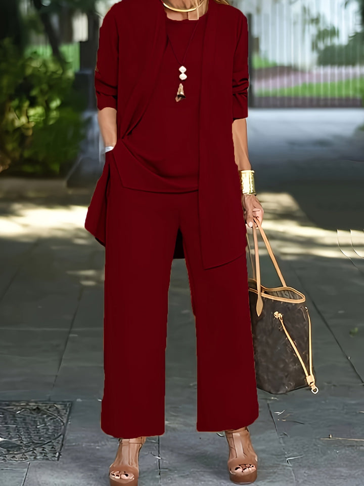 Conjunto cómodo mujer 3 piezas: pantalón suelto, cárdigan y top. Ropa casual de poliéster.