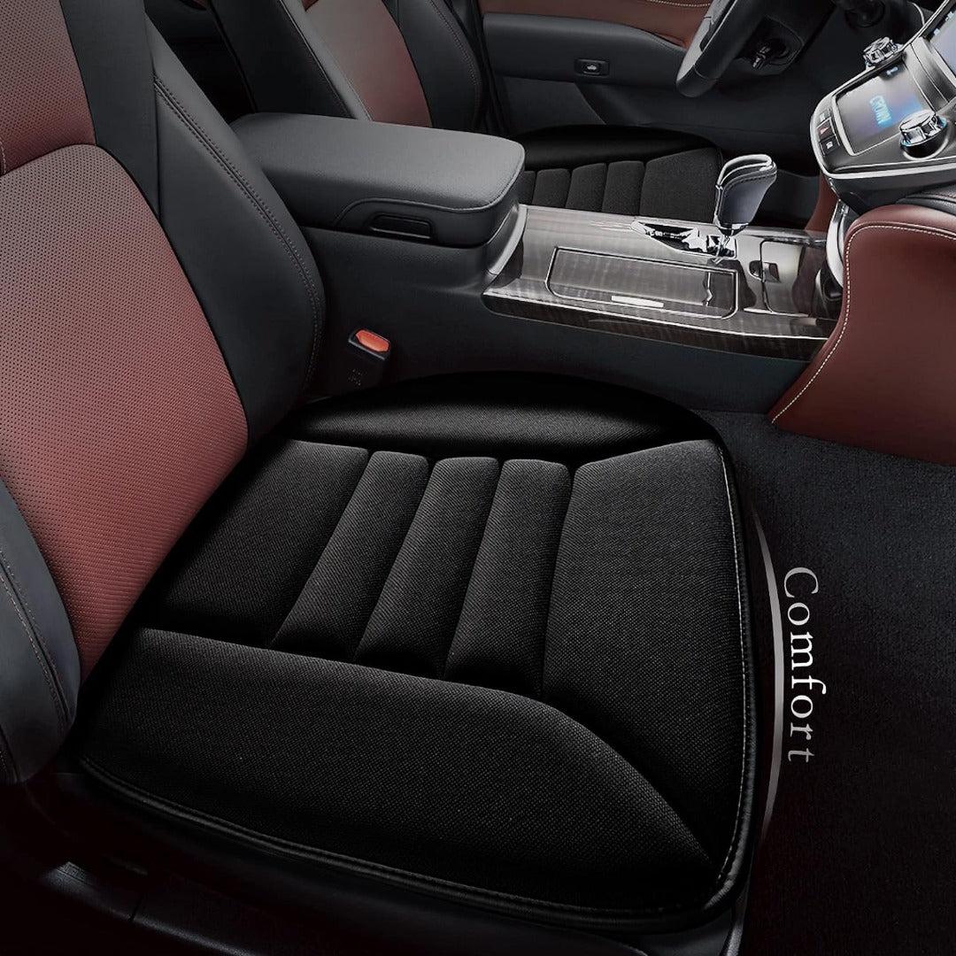 Cojín asiento coche ergonómico de espuma viscoelástica negro, alivia dolor espalda y mejora postura al conducir.