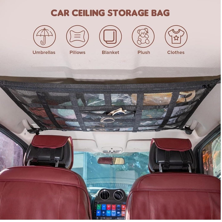 Malla organizadora de techo para coche, fácil de instalar. Ideal para almacenamiento extra, orden y viajes largos.