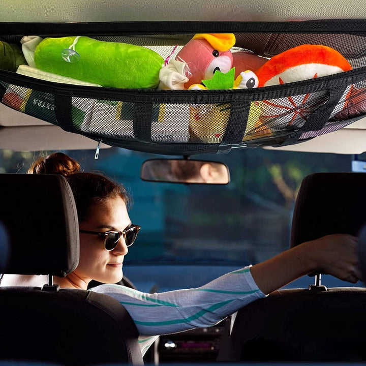 Red de almacenamiento para coche, ideal para viajes largos. Organiza equipaje y objetos, optimizando el espacio interior.