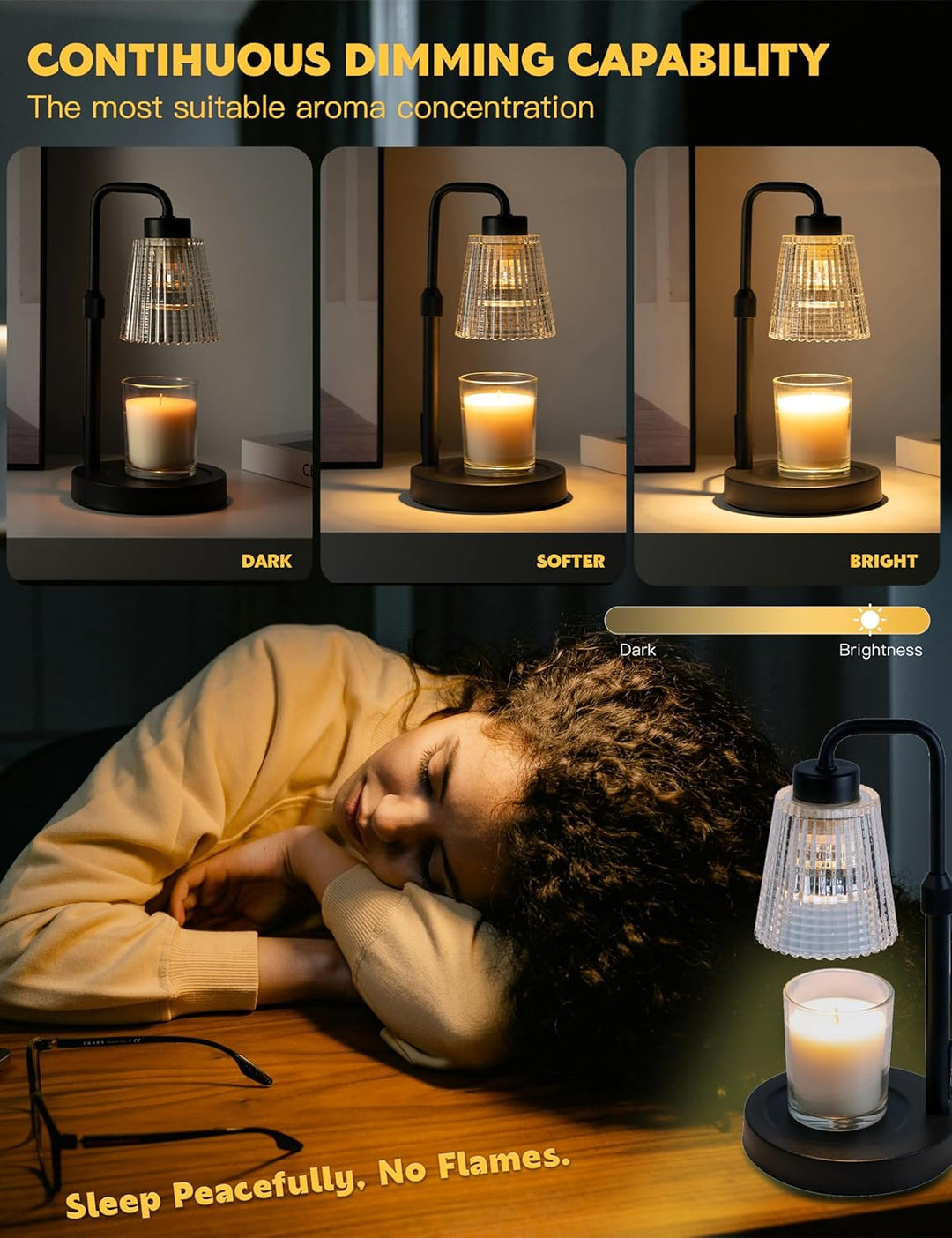 Lámpara calentadora de velas decorativa en mesa de sala. Regula luz y aroma, ideal para ambiente acogedor.