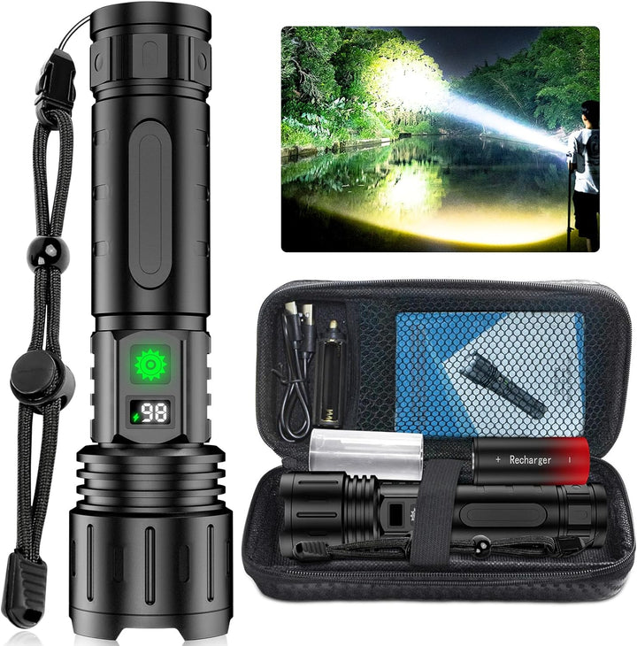 Linterna LED táctica ultra potente de 100,000 lúmenes para iluminación extrema en camping y emergencia.
