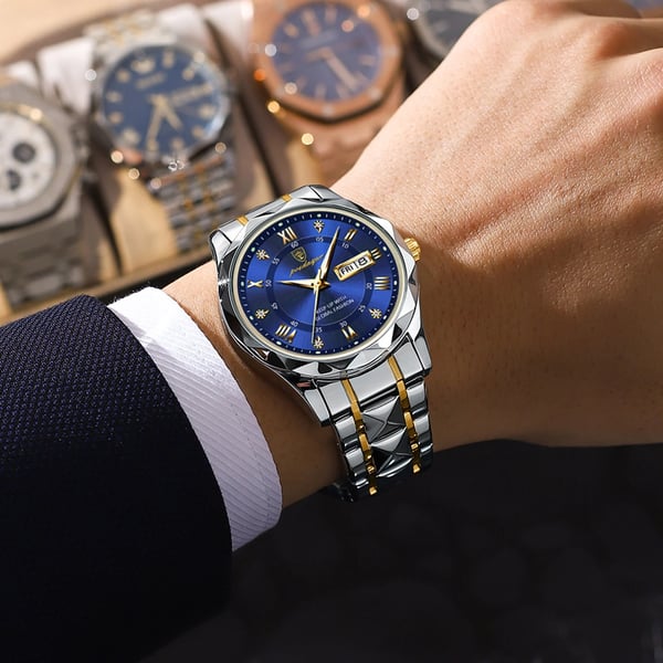 Reloj de hombre dorado con esfera negra, cuarzo japonés. Diseño elegante y luminoso. Accesorio de lujo.