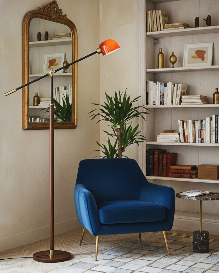 Lámpara de pie de madera y metal, brazo oscilante, ideal para lectura en salón o rincón acogedor.