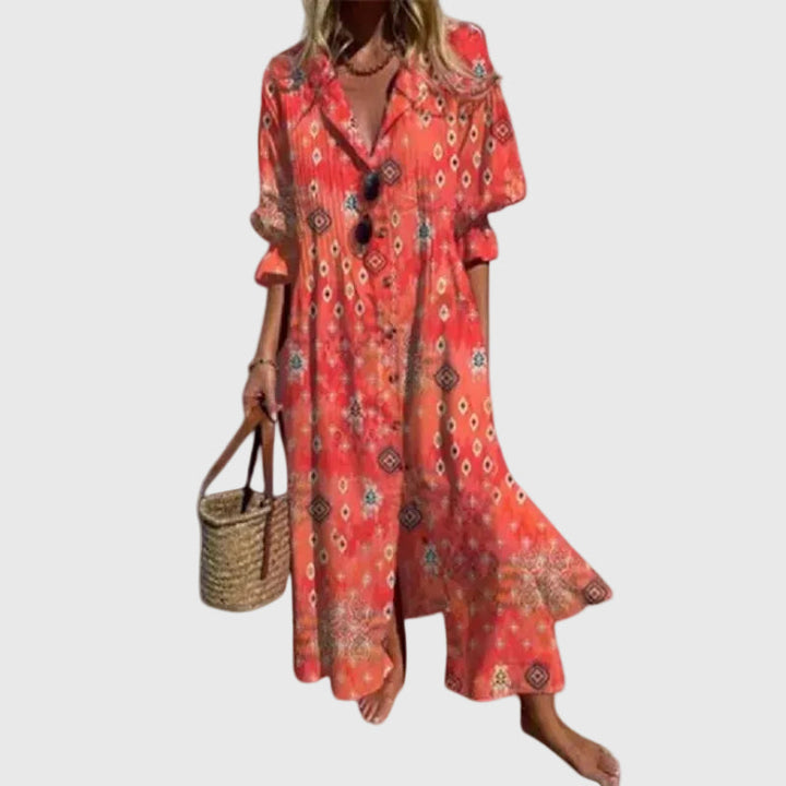 Vestido maxi fluido bohemio para mujer, estilo veraniego con estampado, ideal para ocasiones casuales y vacaciones.