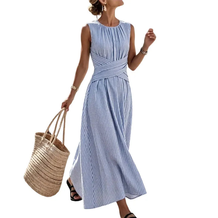 Vestido largo de verano para mujer, a rayas, sin mangas. Con detalle de cintura cruzada, fresco y elegante de algodón.
