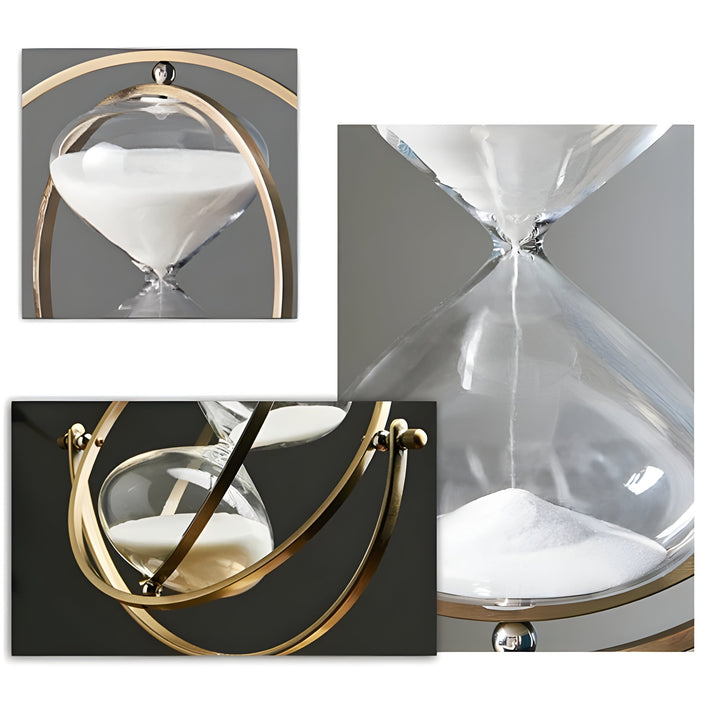 Detalle del marco dorado brillante de reloj de arena clásico. Lujo atemporal para decoración exclusiva.