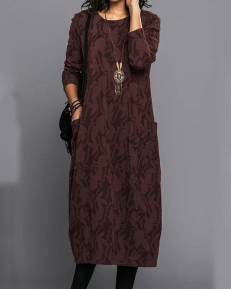 Elegante vestido midi fluido de manga larga para mujer. Comodidad y estilo versátil para otoño y primavera.