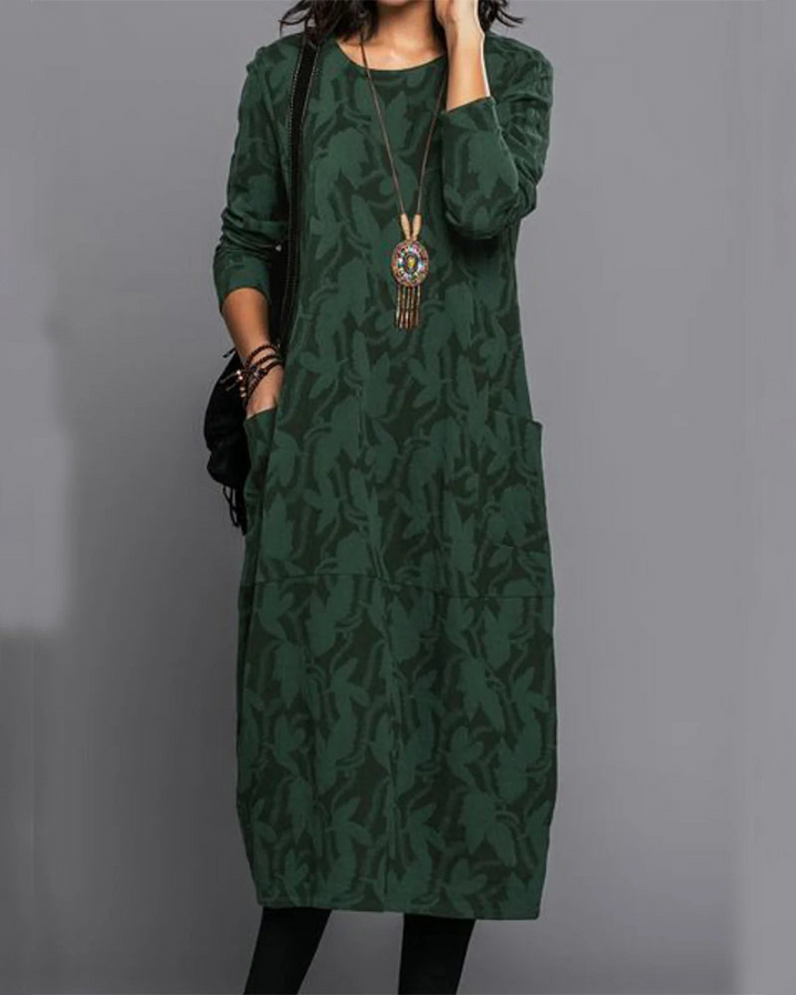 Vestido midi casual de manga larga para mujer. Estilo fluido, ideal para uso diario o eventos relajados.