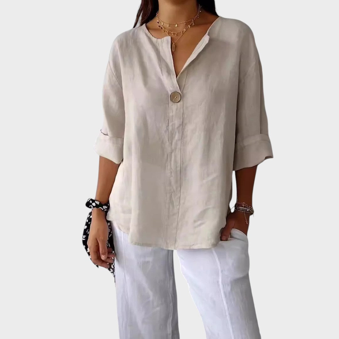 Blusa de lino blanca para mujer, escote V. Estilo casual elegante, ideal para primavera y verano.