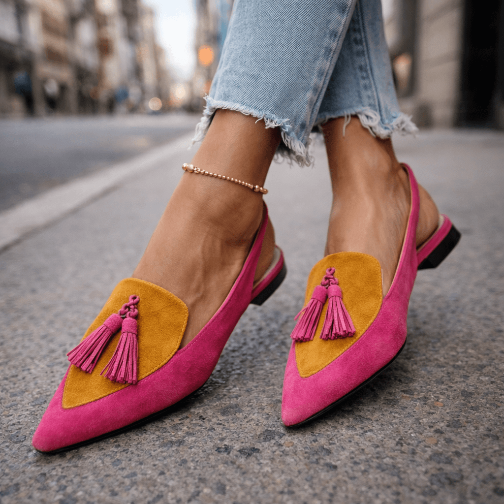 Mules de verano bicolores para mujer, con pompones de moda y estilo chic, un calzado tendencia muy cómodo.