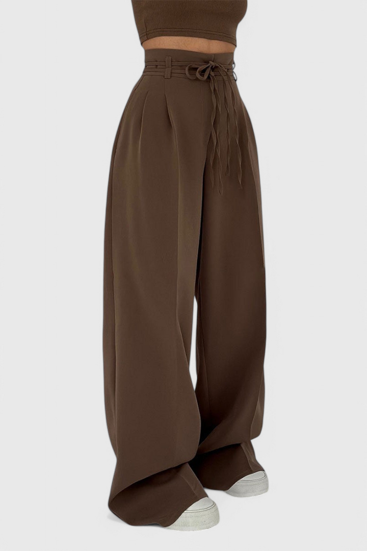 Pantalones anchos de mujer con cordones en cintura alta, elegantes y cómodos para moda femenina.