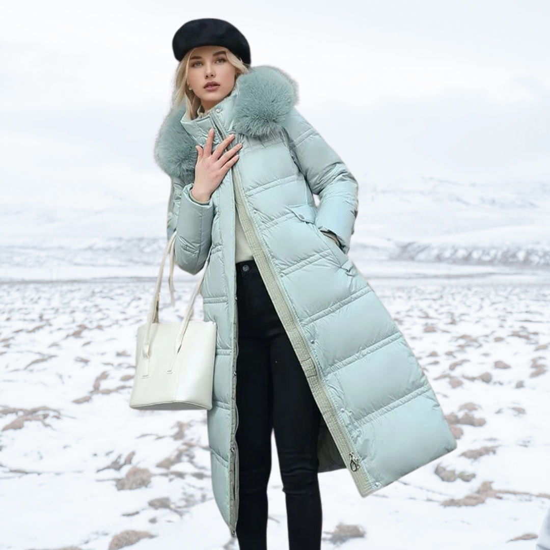 Abrigo abrigado de tendencia para mujer, perfecto para exteriores en invierno. Estilo largo y moderno.