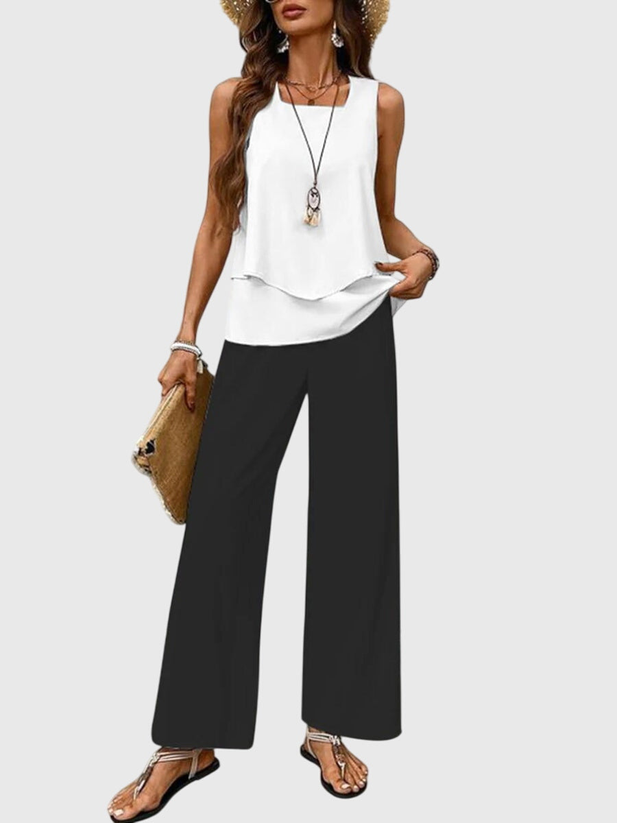 Conjunto de verano de mujer, dos piezas con estampado floral. Estilo fresco, elegante, cómodo y casual para vacaciones.