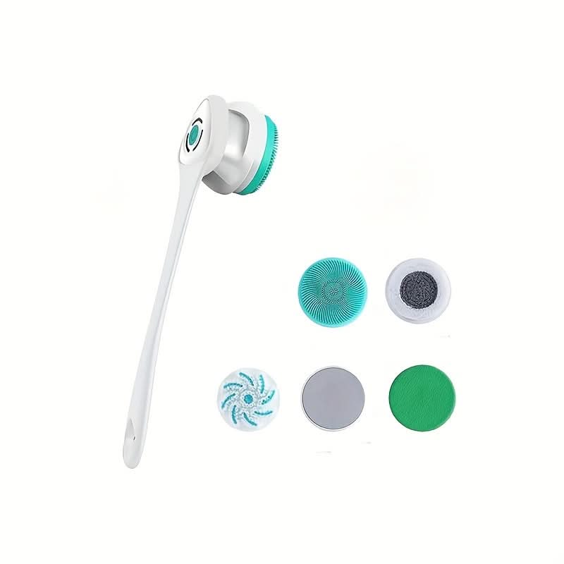 Cepillo eléctrico de ducha unisex en verde y blanco, perfecto para masajes corporales y limpieza diaria.