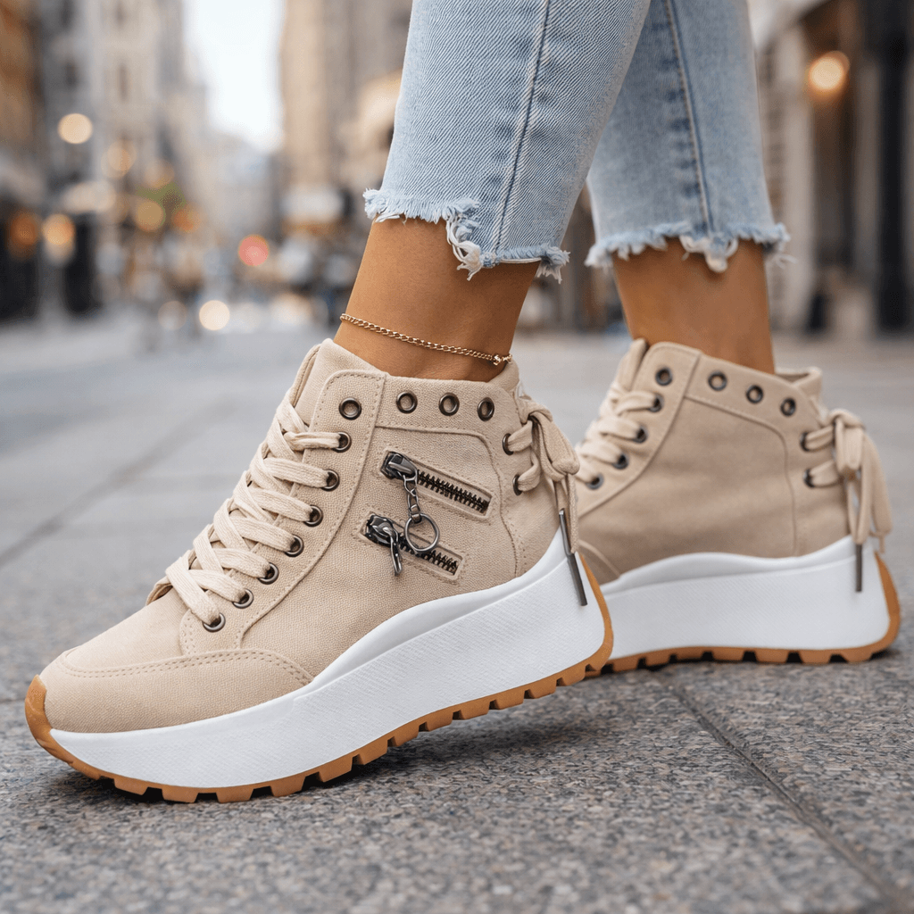 Perfil de zapatillas de plataforma chunky para mujer, diseño urbano con cremalleras laterales. Calzado moderno.